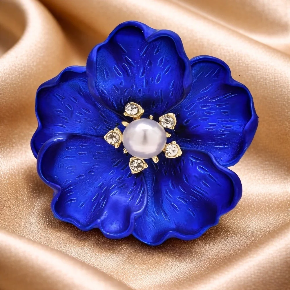 Royal Blue Floral Blossom Pearl Crystal Brooch